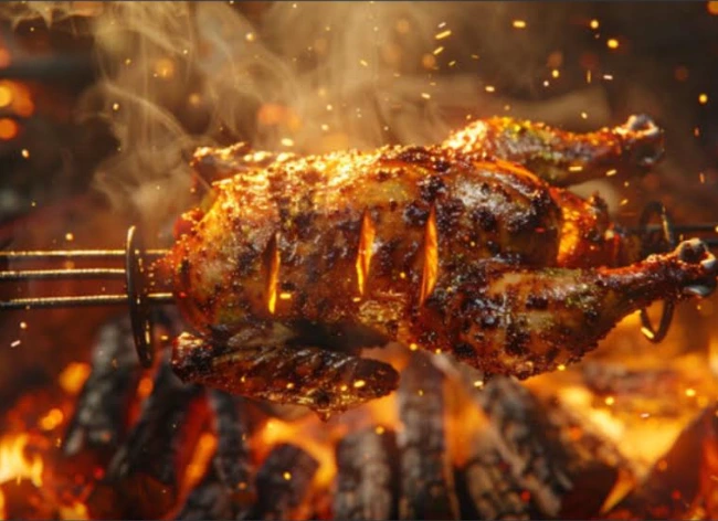 Seasoned chicken on a rotisserie spit